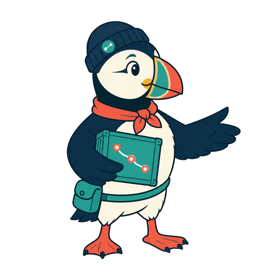 Pip, the DockRoute mascot — a puffin harbor pilot